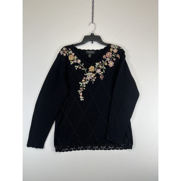 Celina Yang Designs Sweater Womens Medium Black Floral Embroidered Knit Pullover - Picture 1 of 5